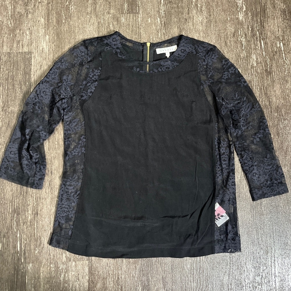 Sandro Paris Black Lace‎ Trim 3/4 Sleeve Top Blouse Elegant Chic Size 1 US 4